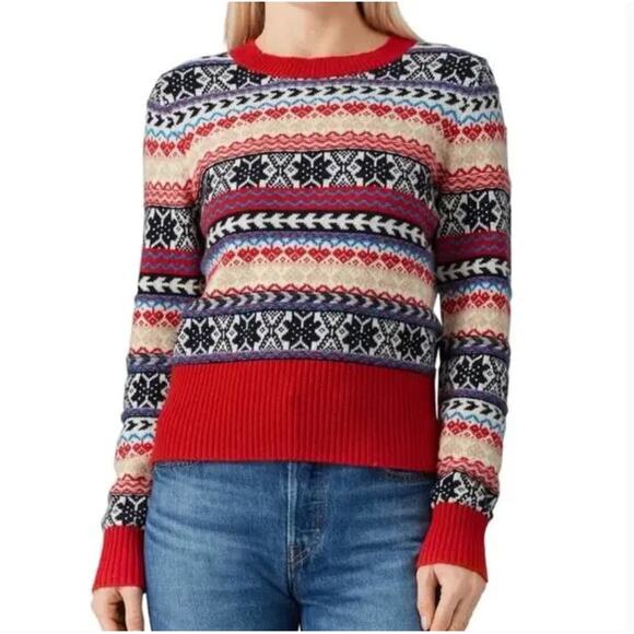 JCrew Fair Isle Crewneck Lambs Wool Blend Sweater 2X Red Navy Winter Christmas - Picture 2 of 16